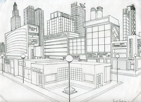 Perspective_Drawing_of_a_City_by_actionjdjackson City Scape Perspective, Two Point Perspective City, 2 Point Perspective City, 2 Point Perspective Drawing, 3 Point Perspective, 1 Point Perspective, Cityscape Drawing, Perspective Sketch, Perspective Drawing Architecture