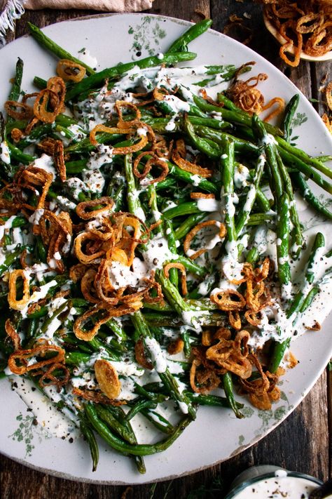 Roasted Green Beans with Buttermilk Dressing - The Original Dish Shallot Green Beans, Warm Green Bean Salad, Crispy Green Beans, The Original Dish, Caramelized Onions Recipe, Buttermilk Dressing, Crispy Shallots, Roasted Green Beans, Holiday Side Dishes