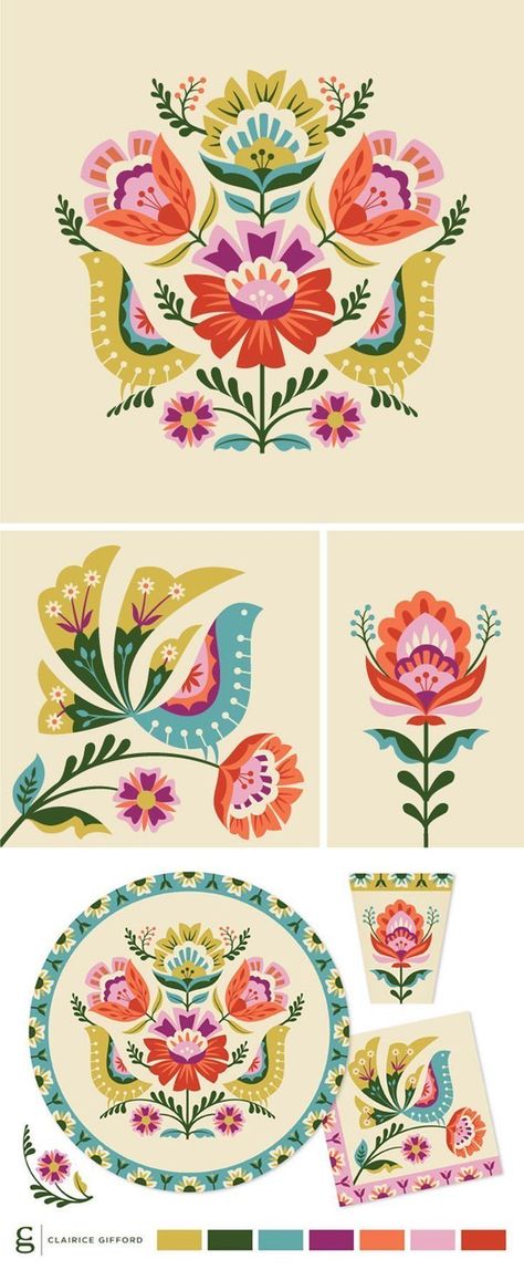 Poland Apartment, Jacobean Designs, Hungarian Art, Fauna Illustration, Folk Decor, Polish Folk Art, Arte Folk, Folk Art Flowers, Folk Design