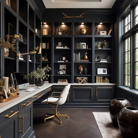 Moody Office With Couch, Dark Moody Study, Black Bookshelves Office, Tricorn Black Office, Dark Home Office Design, Black Walls Home Office, Moody Office Inspiration Cozy, Moody Library Paint Colors, Moody Blue Library