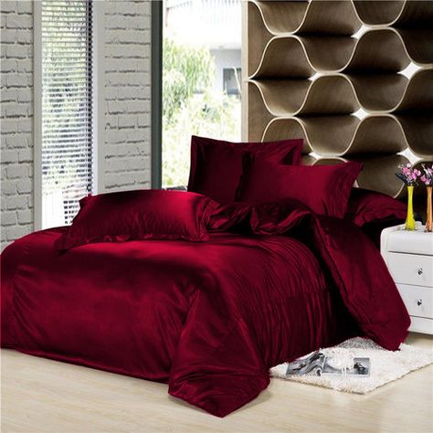 Red Satin Bedding, Red Bed Set Aesthetic, Dark Red Bedding, Red Silk Bedding, Red Bedsheets, Red Bedroom Ideas, Burgundy Room, Burgundy Bedroom, Red Bedroom Design