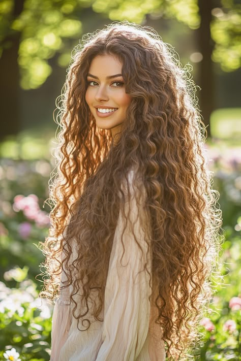 Embrace the beauty of your locks with this stunning long hair look featuring gorgeous curly hairstyles. Loose, defined curls cascade down your back, adding volume and movement to your hair. Perfect for a romantic date night or a casual outing, this style is versatile and eye-catching. Transform your long hair into a stunning masterpiece and let your curls take center stage! #curlyhairstyles #longhair #hairinspiration Long Curly Hairstyles Elegant, Naturally Long Curly Hair, Goddess Curly Hair, Curly Long Wedding Hair, Natural Curly Long Hair, Wild Curly Hair Aesthetic, Long Curly Hair Middle Part, Layers For Long Curly Hair, Long Curly Hair Wedding