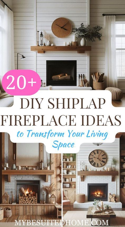 Transform your living space with over 20 DIY shiplap fireplace ideas. Discover creative and stylish ways to enhance your home's focal point with these easy-to-follow projects. #ShiplapFireplace #DIYHome #HomeImprovement #LivingRoomIdeas #DIYProjects #FireplaceMakeover #HomeDecor #CozyLiving #InteriorDesign #DIYShiplap #FireplaceDesign #HomeInspiration #LivingSpaceUpgrade Mirrors Next To Fireplace Living Rooms, Farmhouse Fireplace Mantels With Tv, Floating Mantle On Brick Fireplace, Fireplace Makeover Tile Farmhouse, Decorating Shiplap Walls Living Rooms, Hgtv Fireplace Makeovers, Shiplap Wood Burning Fireplace, Mantel Above Fireplace, Shiplap Wall Living Room Fireplace