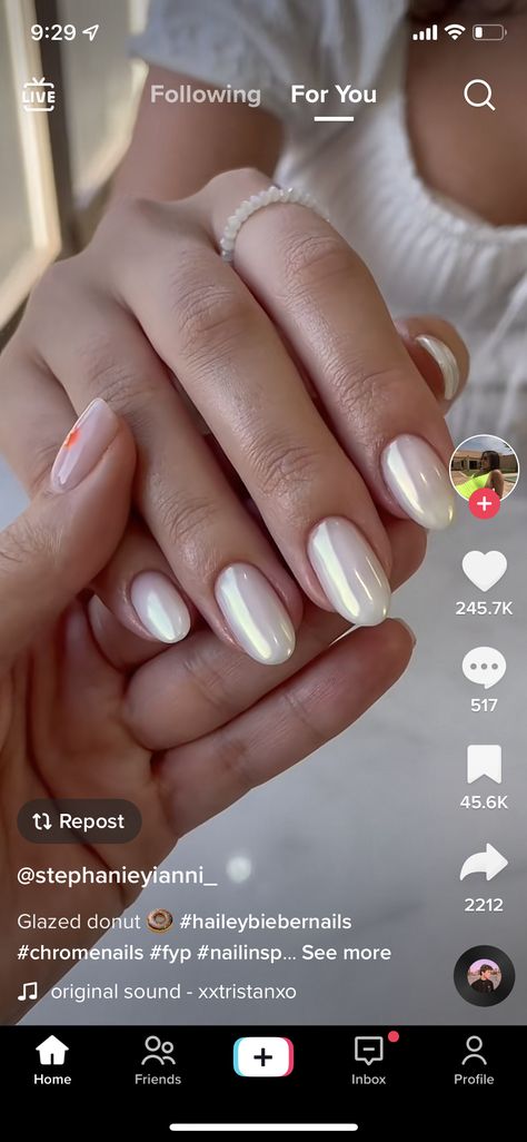 Almond White Pearl Nails, Short Almond Pearl White Nails, White Pearl Chrome Almond Nails, Pearl Chrome Nails Hailey Bieber, Hailey Bieber Nails Pearl French Tip, White Gel Nails, Hoco Nails, Milky Nails, Homecoming Nails