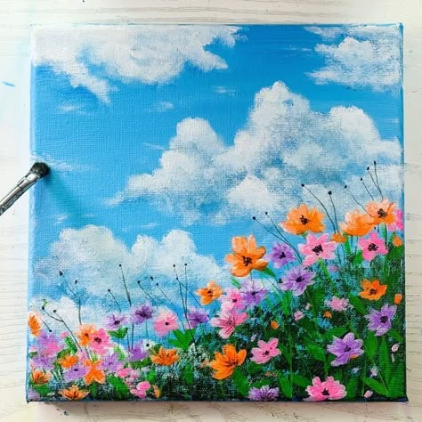 Draw Acrylic Paintings Easy, Natur Art Painting, Sky With Flowers Painting, Painting Acrylic Easy Simple, Drawing With Acrylic Paint Ideas Nature Easy, Paintings With Flowers Canvases, Canvas Art Painting Flowers, Flower Meadow Painting Easy, Painting Ideas On Canvas Flower Field