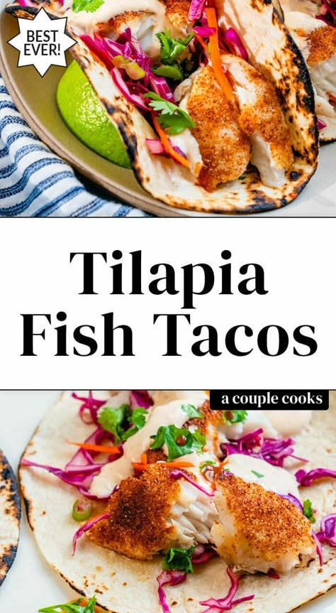 These tilapia fish tacos are a flavor-filled fast and easy dinner. Bake or broil the fish, then add sauce and slaw. A total crowd pleaser! #tilapia #fishtacos #fish #tacos #tilapiatacos #easytacos Fish Taco Dressing Recipe, Fish Taco Dressing, Taco Dressing Recipe, Recipe Fish Tacos, Fish Tacos Recipes, Taco Dressing, Trout Fillet Recipes, Tilapia Fish Tacos, Fish Tacos Tilapia