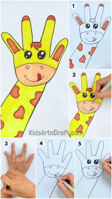 Easy Paper Drawings, Hand Animals Drawing, Wild Animal Art Preschool, Hands On Art Projects For Kids, Giraffe Art For Kids, Cartoon Crafts For Kids, Finger Art Painting, How To Draw A Giraffe, Drawing For Preschoolers