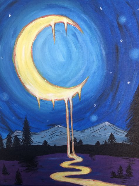 Surreal Moon Art, Serialism Paintings, Melting Moon Painting, Easy Painting Ideas On Canvas Night Sky, Symbolic Paintings Ideas, Witchy Aesthetic Painting, Moon Making Craft, Easy Weird Paintings, Surreal Art Easy