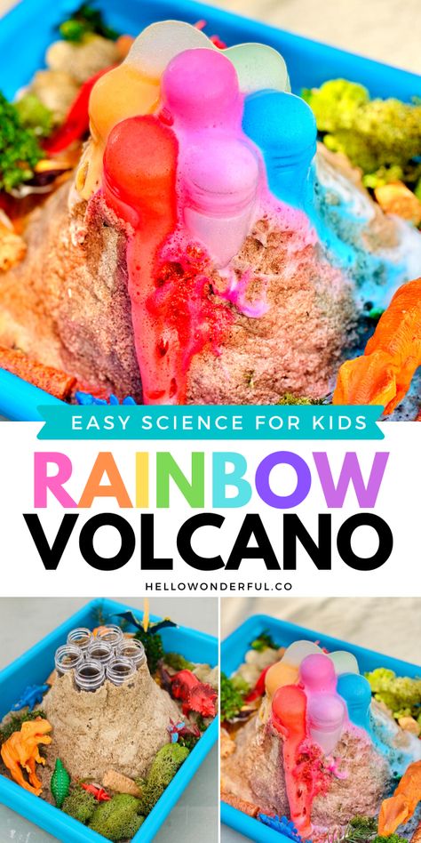 Science Experiments Volcano, Rainbow Volcano Science Experiments, Preschool Volcano Experiment, Kids Volcano Projects, Homemade Volcano Projects, Make A Volcano Kids, Baking Soda Volcano For Kids, Underwater Volcano Experiment, Volcano Experiment For Preschool