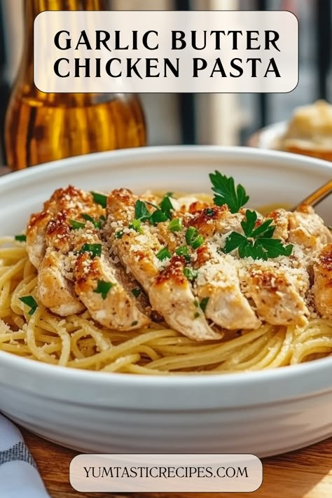 Indulge in this rich and creamy Garlic Butter Chicken Pasta! Tender chicken, velvety pasta, and a luscious garlic butter sauce come together to create the ultimate comfort food. Perfect for busy weeknights or a cozy dinner, this one-pot dish is easy, quick, and packed with flavor. Try it tonight and savor every bite!

#GarlicButterPasta #ChickenRecipes #EasyDinnerIdeas #ComfortFood #OnePotMeals Healthy Chicken Pasta Recipes Dairy Free, Creamy Garlic Butter Spaghetti, Buttery Chicken Pasta, Quick Easy Dinner With Chicken, Romantic Lunch Ideas At Home, Garlic Butter Pasta With Chicken, Lemon Garlic Chicken With Bow Tie Pasta, Yummy Pasta Recipes For Dinner, Grilled Chicken And Pasta Recipes