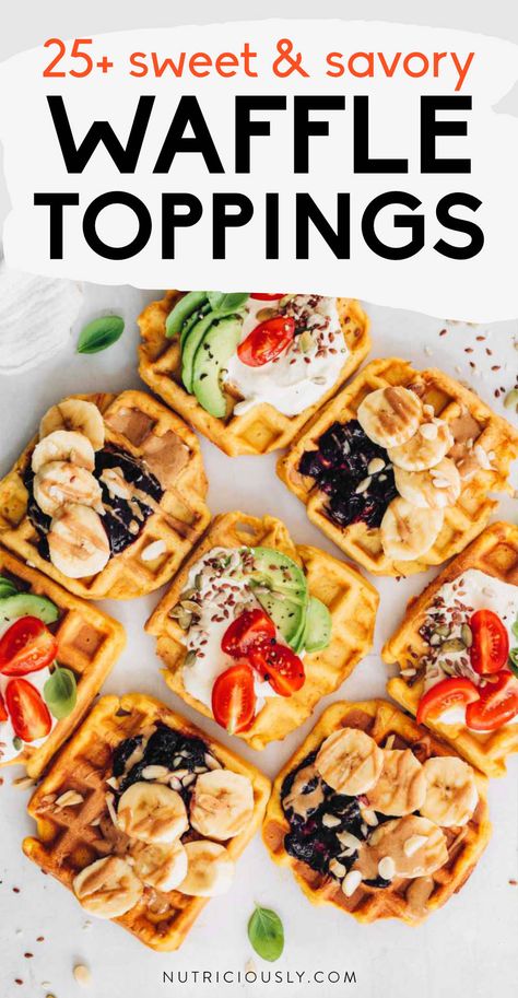 Vegan Waffle Toppings, Savoury Waffle Toppings, Savory Waffle Toppings, Waffle Station Brunch Party, Waffle Topping Ideas, Breakie Ideas, Dips Dessert, Waffles With Ice Cream, Waffles Ideas