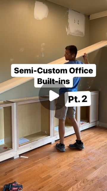 Ryan Walker on Instagram: "Office built-ins: Yay or Nay 🙌  Last time we built our base and installed our lower cabinets. Today, we built the table top out of solid poplar and modified our RTA bookshelves to be built in!  Stay tuned and follow for Pt. 3 when we start framing everything in to make it look custom 👊  #customhomedesigns #homeimprovement #diylife #woodworking #cabinets #cabinetry #officestyle #officedesk  #buildityourself #bookshelf #bookshelves #bookshelvesofinstagram #howto #diy" Cabinets In Home Office, Built In Bookshelves Office Idea, Built Ins Color Ideas, Built In Wall Units With Desk, File Cabinet Built In, Study Built In Bookcases, Upper Cabinet Built Ins, Closet And Study Room, Built In Bookshelves With Doors