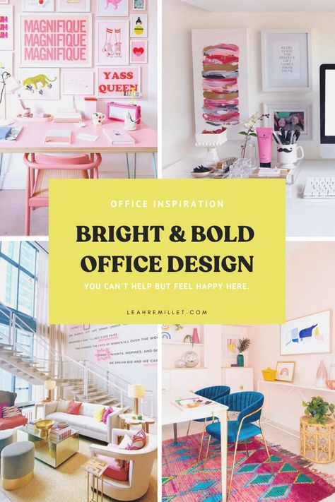 Office Decor Bright Colors, Colorful Feminine Home Office, Bright Colored Office Space, Office With Pink Accents, Light And Bright Office, Fuschia Office, Colorful Home Office Decor, Neon Office Decor, Quirky Office Design