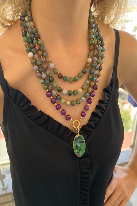 Agate Necklace, Green and Purple Gemstone Necklace, Statement Necklace, Handmade Wife Birthday Gift, Pendant Necklace #necklace #handmadejewelry #jewelry Multi Strand Beaded Necklace, Purple Jade, Handmade Beaded Necklaces, Necklace Green, Beaded Statement Necklace, Summer Necklace, Agate Jewelry, Green Agate, Necklace Statement