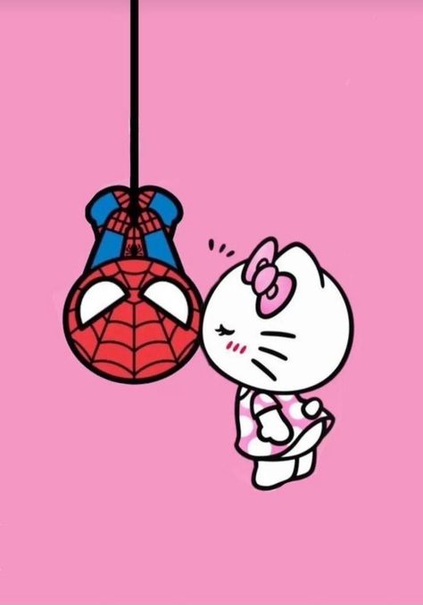 Spider Man With Hello Kitty, Hello Kitty And Spiderman Valentines, Spiderman And Hello Kitty Pfp, Spiderman Love Drawing, Hello Kitty Spider-man, Valentines Spiderman, Spider Man X Hello Kitty, Coloring Pages Bratz, Spiderman X Hello Kitty