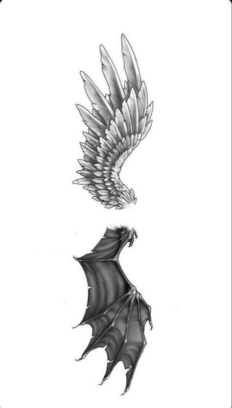 Angel Dragon Tattoo, Angel Wing Demon Wing Tattoo, Angel And Demon Neck Tattoo, Dark Angel Wings Drawing, Tattoos Wings Back, Half Angel Half Demon Tattoo For Men, Demon And Angel Wings Tattoo, Bat Wing Tattoos On Back, Good Angel Bad Angel Tattoo Ideas