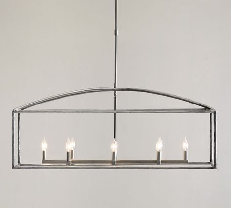 Fallon Forged-Iron Linear Chandelier | Pottery Barn House Lighting Plan, Seattle Slew, White Sunset, Fan Ideas, Dining Light, Fenwick Island, Cape Charles, Rectangular Chandelier, Traditional Lanterns