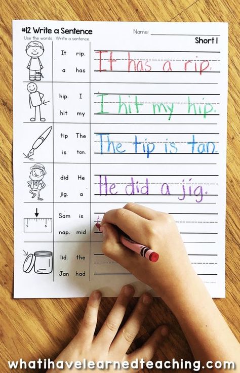 Do you need some new phonics activities? These Short I Phonics Worksheets give students practice reading and writing short i CVC words. On this page, students write the sentence from the given words. This is a great no-prep printable for kindergarten word work centers and covers all of the short i CVC words taught in kindergarten and first grade reading.. #kindergartenworksheets #shortiworksheets #phonicsworksheets #phonicsprintables Sight Word Morning Work, Sentence Dictation Kindergarten, Sentence Worksheets Kindergarten, Word Detectives First Grade Lucy Calkins, Teaching Word Families, Kindergarten Writing Station, Writing Games For Kindergarten, Cvc Word Puzzles Free, Writing Activity For Kindergarten