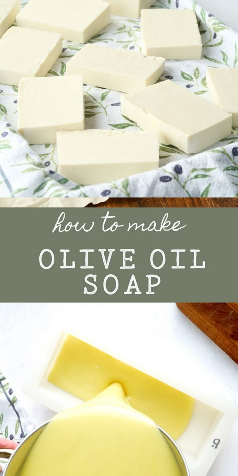 Olive oil soap is pure and simple to make. You can adjust the lye amounts and use this base recipe as cleaning soap or something for your hands and body. Olive Oil And Shea Butter Soap Recipe, Home Made Soap Ideas, How To Make Olive Oil Soap, Diy Olive Oil Soap, Olive Oil Lotion Recipe, Olive Oil Soap Recipe Cold Process, How To Make Liquid Soap, Castor Oil Soap Recipe, No Lye Soap Recipes