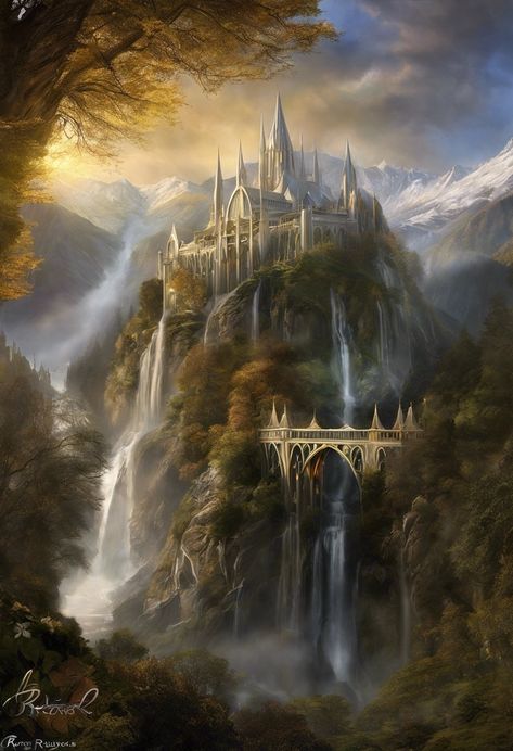 Lord Of The Rings Elf City, Elven City Fantasy Art, Lord Of The Rings Elves Aesthetic, Fantasy Elven City, Rivendell Painting, Rivendell Wallpaper, Hobbiton Aesthetic, Rivendell Lotr, Rivendell Art