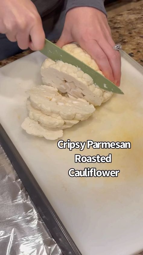 Cauliflower Slices, Parmesan Roasted Cauliflower, Crispy Cauliflower, Olive Oil Spray, Head Of Cauliflower, Keto Side Dishes, Veggie Side Dishes, Lay On, Cayenne Pepper