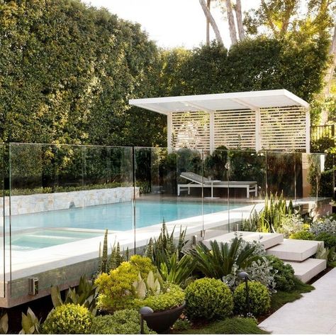 Pool Fencing Landscaping, Modern Outdoor Living, Small Swimming Pools, Pool Landscape Design, Natural Stone Wall, Small Pool Design, Backyard Pools, Backyard Pool Landscaping, Small Pools