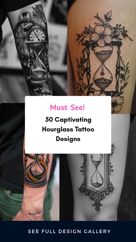 Explore captivating hourglass tattoo designs featuring skulls, snakes, and floral elements. This pin includes 4 distinct images showcasing beautiful tattoos for unique inspiration. Hourglass Tattoos For Women, Hour Glass Tattoo Ideas Unique, Time Artwork Ideas, Lock Tattoos For Women, Hourglass Tattoo Men, Hourglass Tattoo Feminine, Hourglass Tattoo Ideas, Time Tattoo Ideas, Hourglass Tattoo Meaning