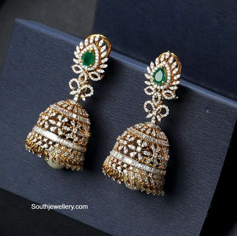 18k gold buttalu studded with diamonds and emeralds by Ratnagarba Jewellers. Diamond Buttalu, Gold Buttalu, Diamond Jhumkas, Drop Earrings Simple, Wedding Jewelry Sets Bridal Jewellery, Jewellery Board, Antique Gold Earrings, Gold Bangles For Women, American Diamond Jewellery