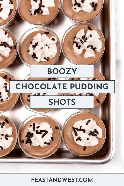 These creamy, boozy Chocolate Pudding Shots boast a blend of chocolate pudding with the smooth taste of Irish cream and coffee liquor store. Baileys Chocolate Pudding Shots, Pudding Shots Chocolate, Espresso Martini Pudding Shots, Cream Liquor Drinks, Chocolate Pudding Shots Alcoholic, Boozy Chocolate Pudding, Thanksgiving Pudding, Godiva Chocolate Liquor, Chocolate Pudding Shots