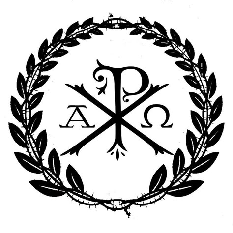 Chi Rho (accompanied by alpha and omega) with laurels and crown of thorns. Christian Art Tattoo, Crown Of Thorns Tattoo Armband, Tattoo Crown Of Thorns, Christian Orthodox Tattoo, Christ Is King Tattoo, Eastern Orthodox Tattoo, Alpha And Omega Tattoo, Chi Rho Tattoo Design, Orthodox Tattoo