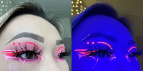 Neon Pink Rave Makeup, Uv Liner Makeup, Pink And Black Graphic Liner, Uv Eyeliner Looks, Pastel Graphic Liner, Cyberpunk Eyeliner, Neon Pink Eyeshadow Looks, Neon Liner Makeup, Cyberpunk Makeup Ideas