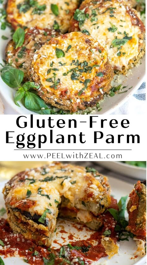 If you're looking for a delicious and gluten-free twist on a classic Italian dish, then this Gluten-Free Eggplant Parmesan recipe is just what you need! Made with crispy, breaded slices of eggplant, this dish is topped with tangy marinara sauce and gooey layers of parmesan and mozzarella cheese. Gluten Free Egg Plant Parmesan, Eggplant Meals, Italian Eggplant Recipes, Gluten Free Eggplant Parmesan, Gluten Free Italian Bread, Italian Eggplant, Eggplant Parmesan Recipe, Gluten Free Panko, Eggplant Parmigiana