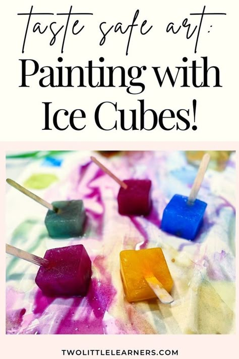 Learn all about how to do ice painting for kids. This fun ice painting activity is a perfect art project for kids for summer time. Our taste safe art for toddlers is quick and made with materials you already have at home. Read more about how to do painting with ice cubes for kids at twolittlelearners.com Ice Sensory Play Toddlers, Sensory Ice Play, Painting With Ice Cubes For Kids, Ice Cube Activities For Kids, Ice Play For Toddlers, Ice Painting For Toddlers, Edible Activities For Kids, Painting With Ice Cubes, Edible Sensory Bins