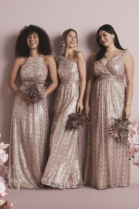 Gold Satin Bridesmaid Dresses, Sparkly Bridesmaid Dress, Gold Sequin Bridesmaid Dress, Blush Wedding Colors, Davids Bridal Bridesmaid, Davids Bridal Bridesmaid Dresses, Wedding Party Outfits, Sequin Bridesmaid, Gold Bridesmaid Dresses