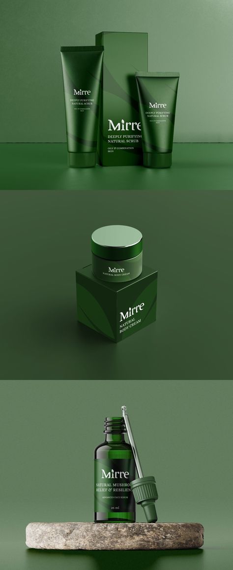 Mirre Brand Packaging Designed by Muzaget Brands - World Brand Design Society Green Skincare Packaging Design, Mens Cosmetics Packaging, Green Cosmetics Packaging, Skin Product Packaging, Natural Skin Care Branding Design, Clean Label Design, Cosmetic Product Packaging, Skin Care Product Packaging Design, Skin Care Post Ideas