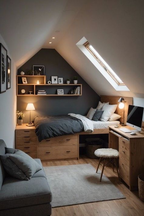 Industrial Attic Bedroom, Platform Bed Attic Room, Small Window Room Ideas, Home Office Angled Ceiling, Attic Room Design Ideas, Small Bedroom Sloped Ceiling, Small Bedroom With Slanted Ceiling, Low Ceiling Loft Bedroom, Loft Guest Room Ideas