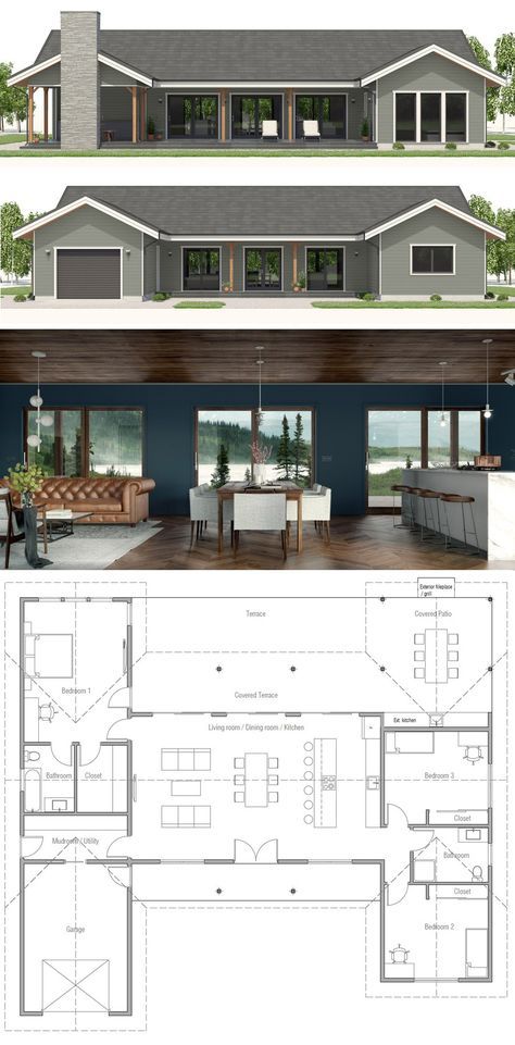 Small Home Plan, Small Modern House Plans, House Plans One Story, Small House Floor Plans, Casas Coloniales, Small House Plan, House Plans Farmhouse, Modern Farmhouse Plans, House Blueprints