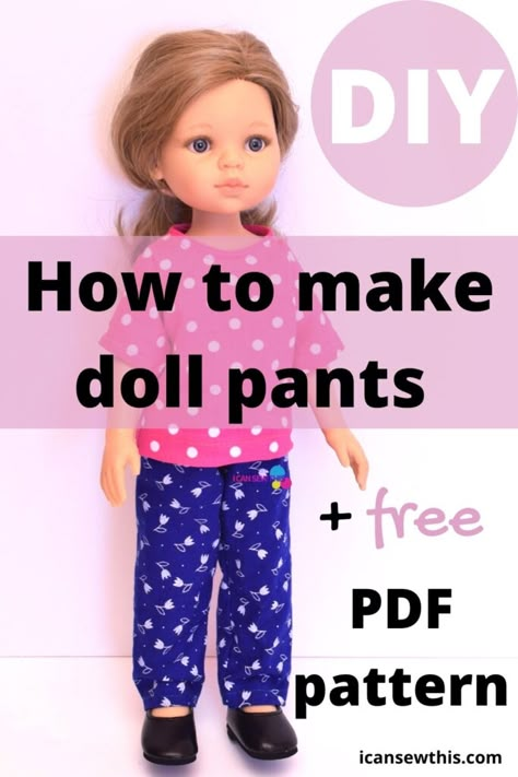 Learn how to make simple cotton pants for your pretty Paola Reina doll with this step-by-step sewing tutorial and free printable PDF pattern. This pair of relaxed fitting woven pants will fit any 12 to 13-inch doll.  This doll pants pattern is one of those easy sewing projects that will take 10 minutes or less, and it’s perfect for beginner sewers. 20 Inch Doll Clothes Patterns Free, Paola Reina Doll Clothes Patterns Free, How To Make Doll Clothes Easy, 10 Inch Doll Clothes Patterns Free, Paola Reina Dolls Clothes Patterns, 12 Inch Doll Clothes Pattern Free, Dolls Clothes Patterns Free, Free Doll Clothes Patterns To Sew, Diy Doll Clothes Easy