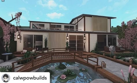 Amazing Bloxburg Builds, Japanese House Ideas Bloxburg, Bloxburg From Yard, Bloxburg House Ideas Exterior Japanese, Bloxburg Barbie Mansion, Bloxburg Spa Exterior, Bloc Burg House, Japanese Style Bloxburg House, Bloxburg Detailed House Exterior