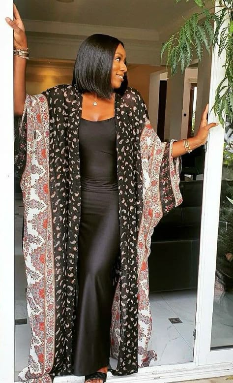 Event Kimono Vacation Outfit, Chiffon Kimono Outfit, Kimono With Dress, Modern Kimono Fashion Outfits, Pedi Traditional Attire, Chiffon Two Piece, Kimono Styles, Kaftan Styles, African Ladies