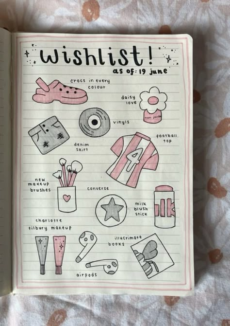 Cute Journal Writing, My Favourite Things List, Things I Want To Do In 2025, Things To Write On Diary, Wishlist Drawing Ideas, Christmas List Journal Ideas, Simple Aesthetic Scrapbook Ideas, Christmas List Ideas Drawing, Journal Ideas Wishlist