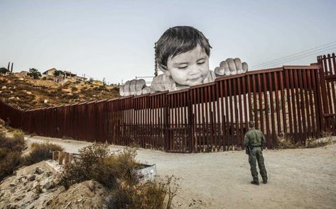 J R, French artist created mural at the American/Mexican border near the crossing at Tecate, SE of  San Diego. Us Mexico Border Wall, Mexican Side, Mexico Border, Mexican Border, Protest Art, Border Wall, French Street, Colossal Art, Mexican Artists