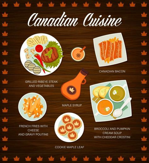 Canadian cuisine restaurant food menu vector page Canadian Party Food, Traditional Canadian Food, Canadian Food Guide, Provinces Of Canada Activities, Canada Information, Bacon Grill, Grilled Ribeye Steak, Canadian Cuisine, Grilled Ribeye