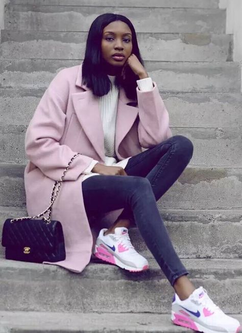 Pink Nike Outfit, Air Max 90 Outfit, Pastel Pink Coat, Air Max Outfit, Pink Tennis Shoes, Pink Nike Shoes, Nike Outfit, Tennis Shoes Outfit, Casual Shoes Outfit