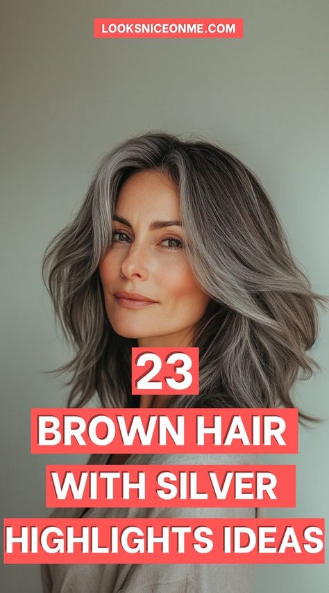 Give your brown hair a glamorous makeover with subtle silver highlights! This look is perfect for adding brightness and a little sparkle, blending beautifully for a chic, high-fashion look. #BrownAndSilver #HairGoals Grow Out Gray Hair Transition, Herringbone Highlights Gray Hair Brunette, Hair Colors For Blending Gray, Shoulder Length Hair Ash Brown, Grey Stripe Hair Woman, Transiting To Grey Hair, Grey And Silver Highlights On Brown Hair, Gray Brunette Balayage, Hair Inspiration Color Brown Highlights