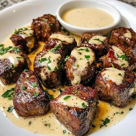 Garlic Butter Steak Bites with Parmesan Cream Sauce - Quick and Delicious - My Home Made Recipe Easy Dinner Recipes Steak Bites, Garlic Butter Gravy, "garlic Butter Steak Bites With Parmesan Cream Sauce, Easy Garlic Butter Steak Bites, Low Carb Steak Bites Recipe, Garlic Steak Bites With Parmesan Cream Sauce, Steak Thanksgiving Dinner, Beef Dinner Ideas For 2, Easy Garlic Steak Bites