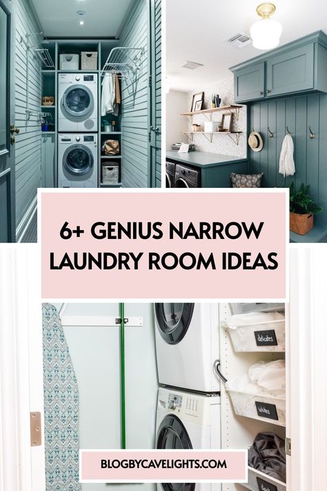 6 narrow laundry room ideas Pantry With Washer Dryer, Understair Case Laundry, Laundry Room By Garage, Pocket Laundry Room Ideas, Tiny Laundry Mudroom, Narrow Bathroom Laundry Combo, Laundry Room Cabinets Small Space, Laundry Room Stackable Ideas, Very Small Utility Room Ideas