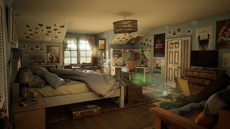 The Forgotten Bedroom: 3D Environment Art Production Breakdown 3d Environment Art, Interior Concept Art, Artwork For Bedroom, Bedroom Scene, House Flippers, Outside Room, 3d Environment, Art Production, Teenage Room