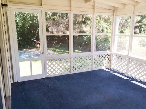 Rachel Schultz: ADDING PANELING TO A SCREENED IN PORCH Turn Carport Into Screened In Porch, Screened In Porch With Lattice, Sunroom Floor, Porch Lattice, Painted Plywood Floors, Bungalow Remodel, Screened Patio, Screened In Porch Diy, Screen Patio