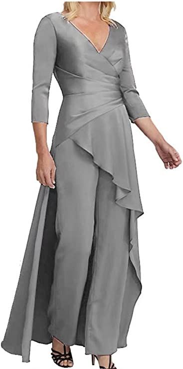 Amazon.com: ElisunMA Women's 2 Pieces Mother of The Groom Pant Suits, 3/4 Sleeves V-Neck Elegant Plus Size Formal Evening Gown for Wedding Steel Grey Size 2 : Clothing, Shoes & Jewelry Jumpsuit Designs For Women, Jumpsuit Designs, Grooms Mom Dress, Plus Size Pant Suits, Mom Outfits Spring, Grooms Mom, Mom Outfits Fall, Gown For Wedding, Mother Of The Bride Suits